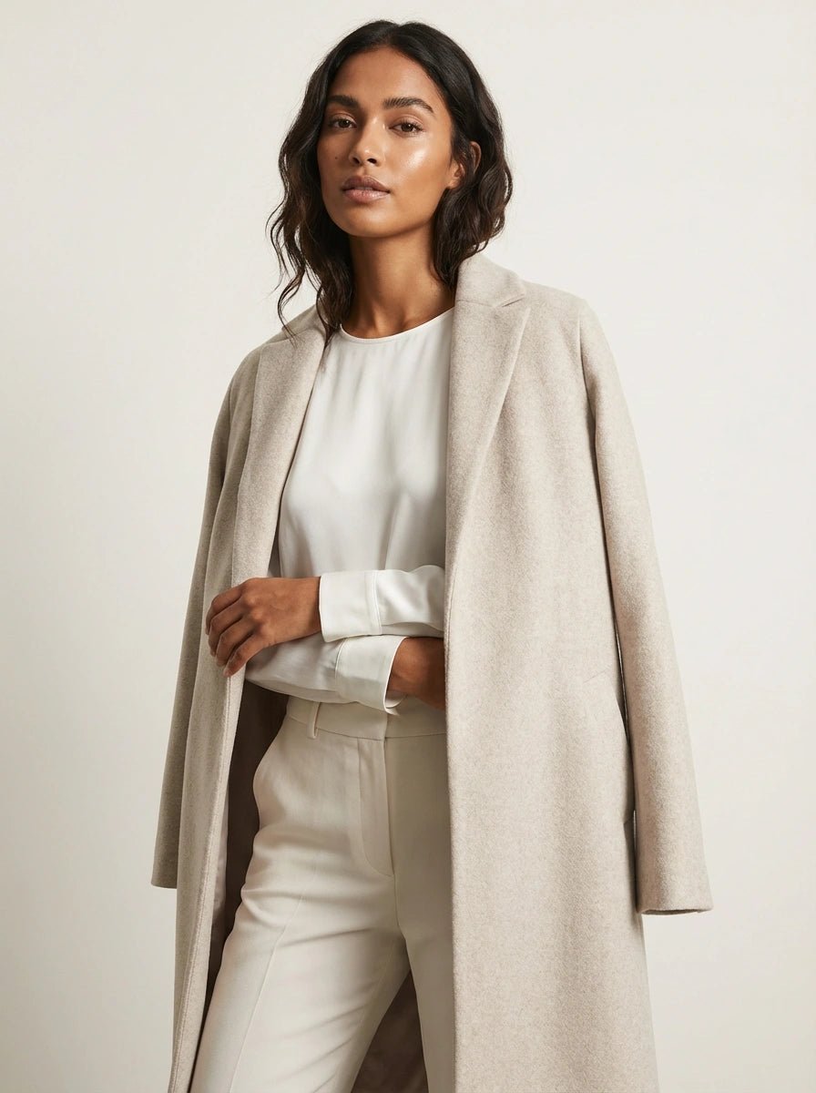 Women Coat | Straight-Cut Long Silhouette with Hidden Button Front - Evergreen Outfits- Coats