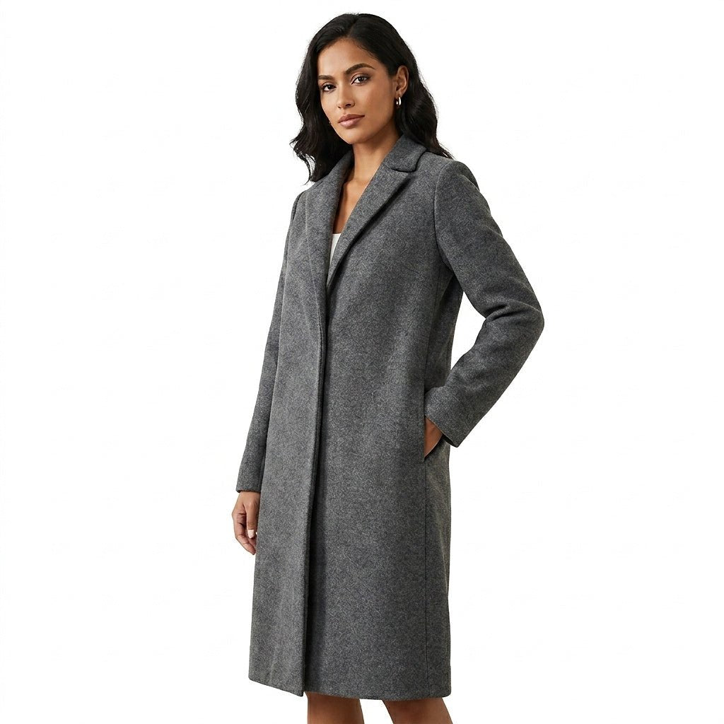 Women Coat | Straight-Cut Long Silhouette with Hidden Button Front - Evergreen Outfits- Coats