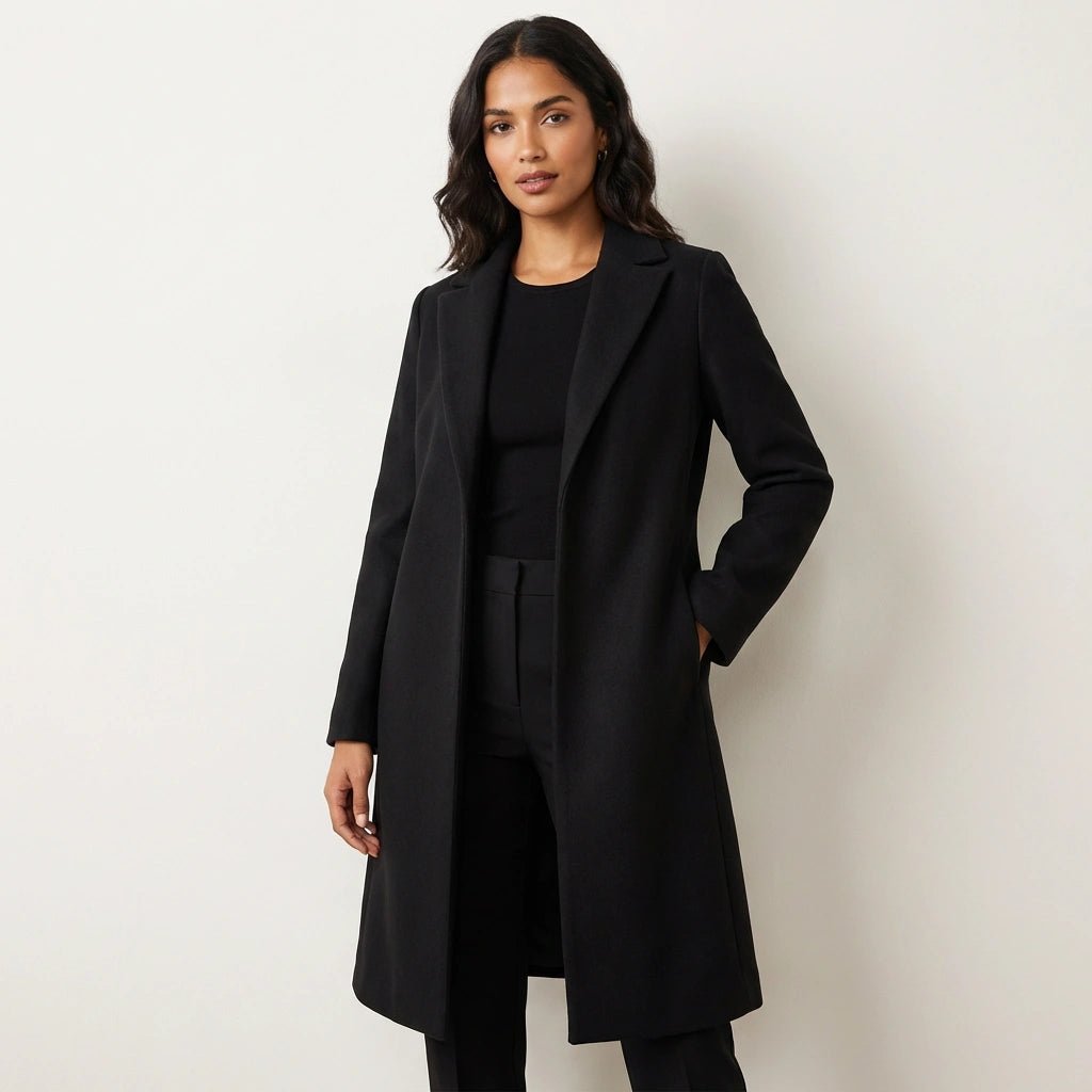 Women Coat | Straight-Cut Long Silhouette with Hidden Button Front - Evergreen Outfits- Coats