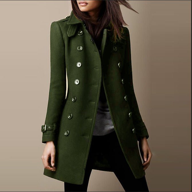 Women Coat | Tailored Double-Breasted Long Fit Design - Evergreen Outfits- Coats
