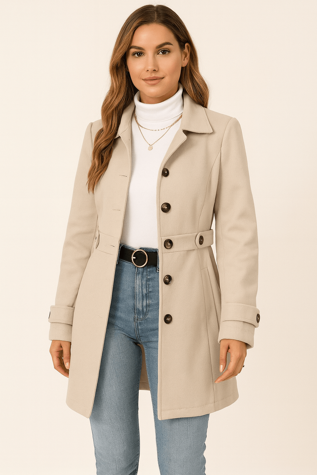 Women Coat | Tailored Fit with Double-Breasted Front Belt - Evergreen Outfits- Coats