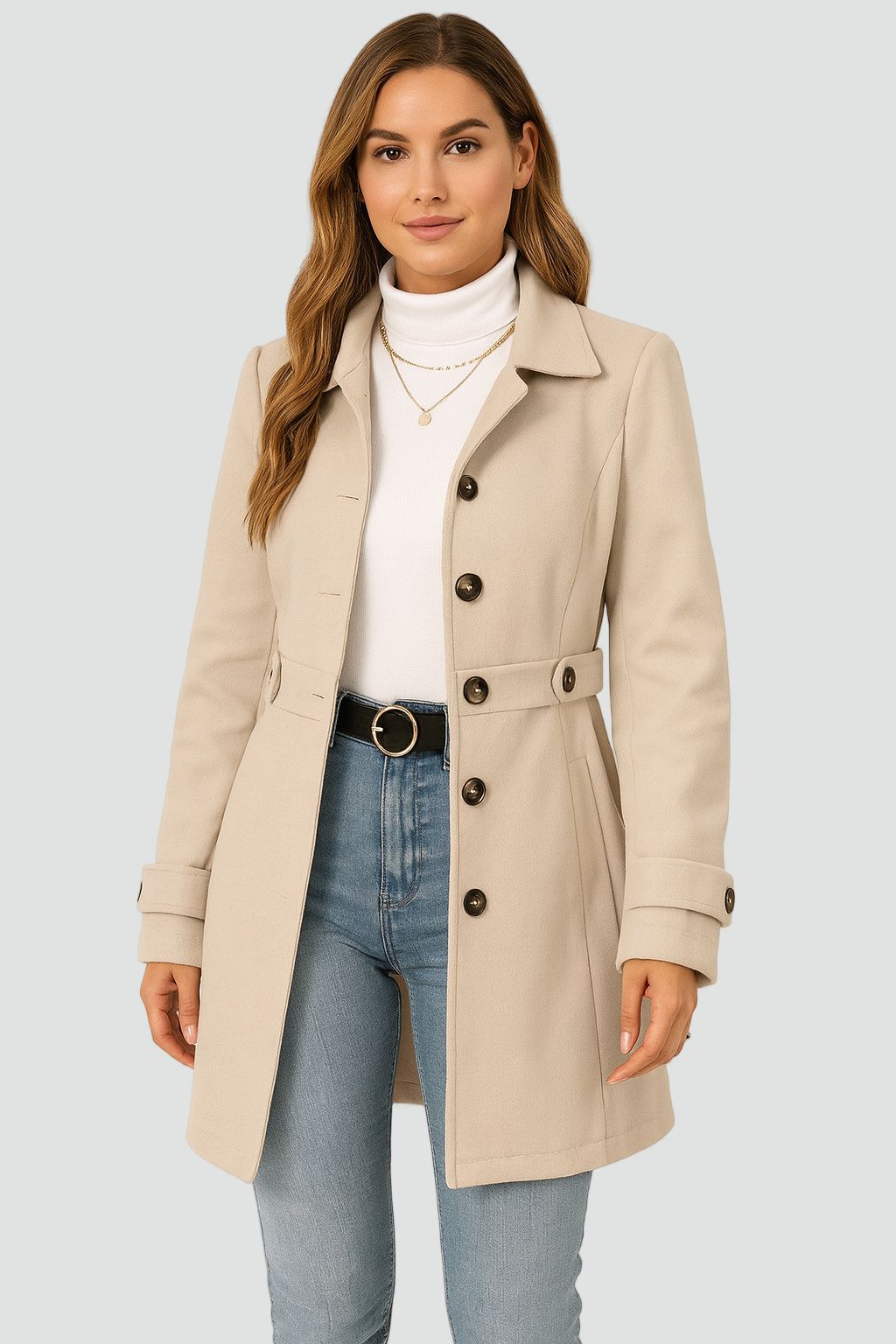 Women Coat | Tailored Fit with Double-Breasted Front Belt - Evergreen Outfits- Coats