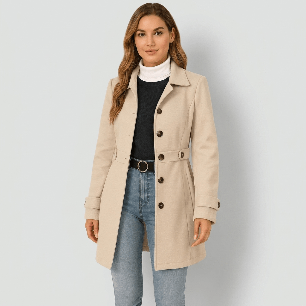 Women Coat | Tailored Fit with Double-Breasted Front Belt - Evergreen Outfits- Coats