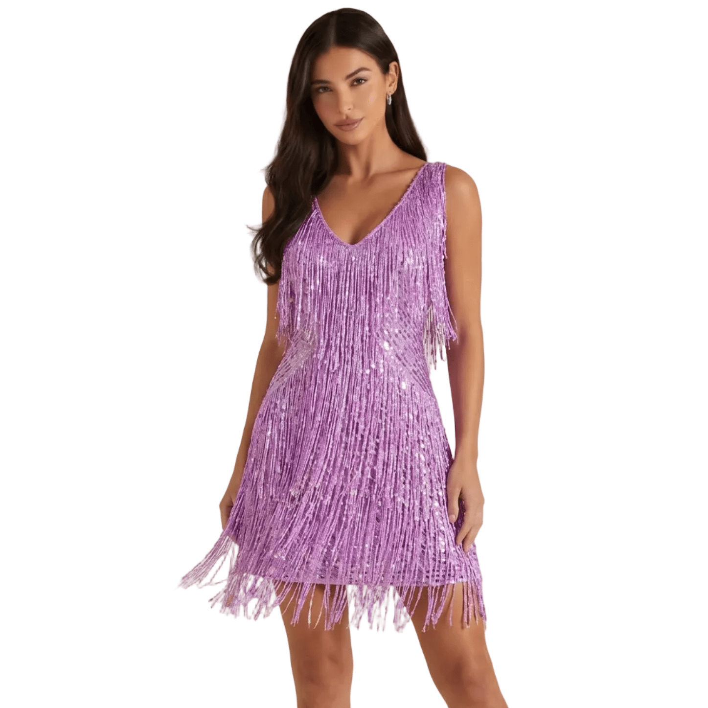Women Cocktail Dress A Line Fit Fringe Sequin Trim Detail - Evergreen Outfits - Women Mini Dress