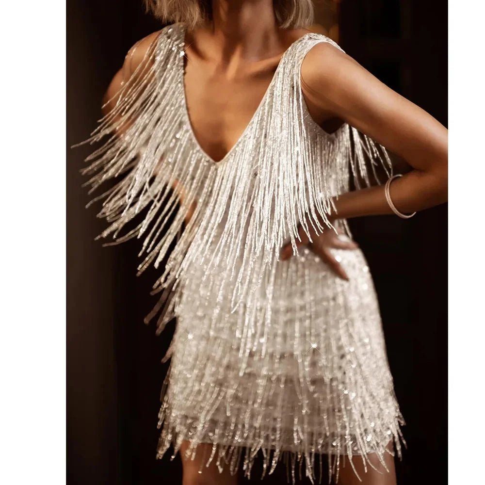 Women Cocktail Dress A Line Fit Fringe Sequin Trim Detail - Evergreen Outfits - Women Mini Dress