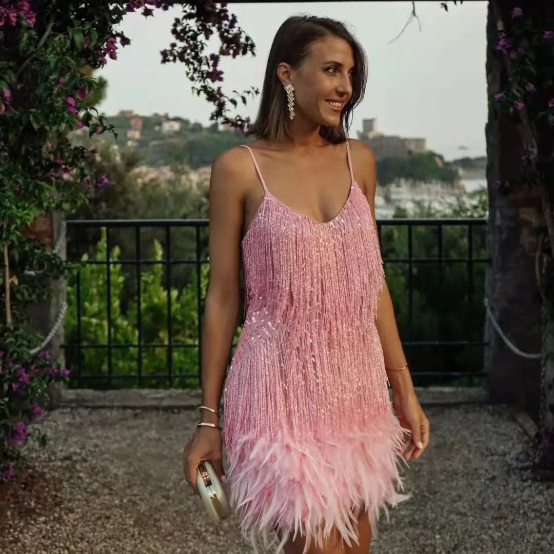 Women Cocktail Dress Structured Fit Sequin Fringe Detail - Evergreen Outfits - Women Mini Dress