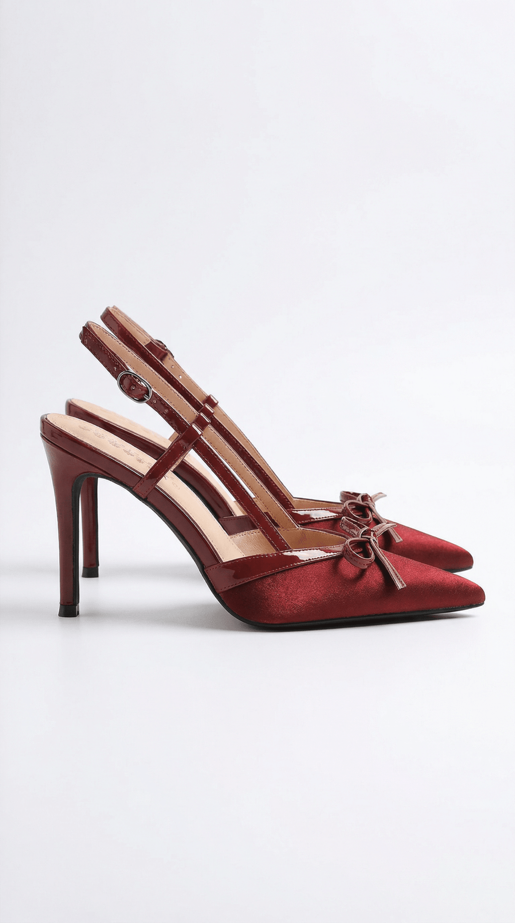 Women Court Heels Pointed Toe T Strap Bow Satin Finish - Evergreen Outfits - Women Heels