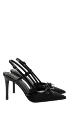Women Court Heels Pointed Toe T Strap Bow Satin Finish - Evergreen Outfits - Women Heels