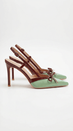 Women Court Heels Pointed Toe T Strap Bow Satin Finish - Evergreen Outfits - Women Heels