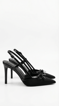 Women Court Heels Pointed Toe T Strap Bow Satin Finish - Evergreen Outfits - Women Heels