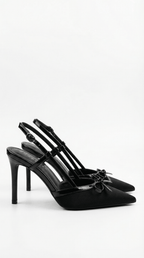 Women Court Heels Pointed Toe T Strap Bow Satin Finish - Evergreen Outfits - Women Heels