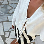 Women Crop Top Linen Cropped Front Tie Closure Design - Evergreen Outfits - Women Top