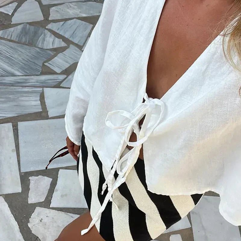 Women Crop Top Linen Cropped Front Tie Closure Design - Evergreen Outfits - Women Top