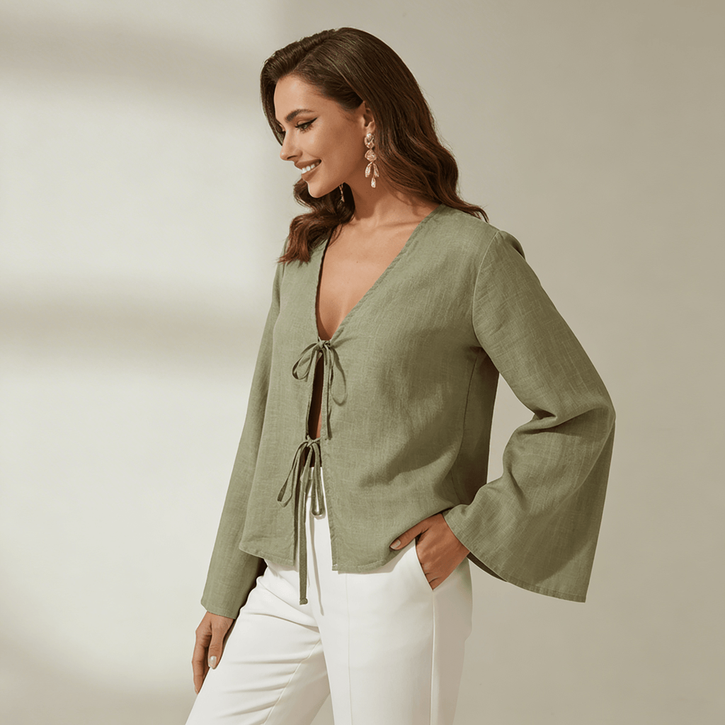 Women Crop Top Linen Cropped Front Tie Closure Design - Evergreen Outfits - Women Top