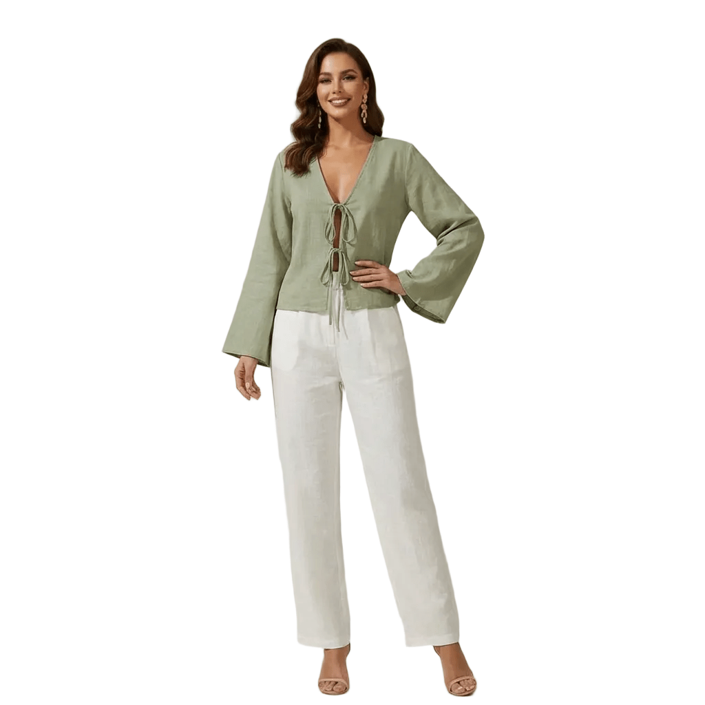 Women Crop Top Linen Cropped Front Tie Closure Design - Evergreen Outfits - Women Top