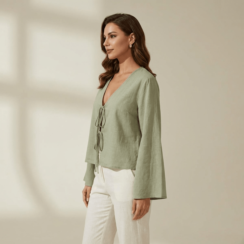 Women Crop Top Linen Cropped Front Tie Closure Design - Evergreen Outfits - Women Top