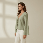 Women Crop Top Linen Cropped Front Tie Closure Design - Evergreen Outfits - Women Top