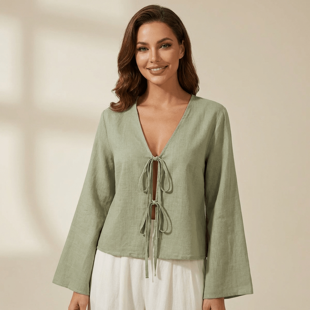 Women Crop Top Linen Cropped Front Tie Closure Design - Evergreen Outfits - Women Top