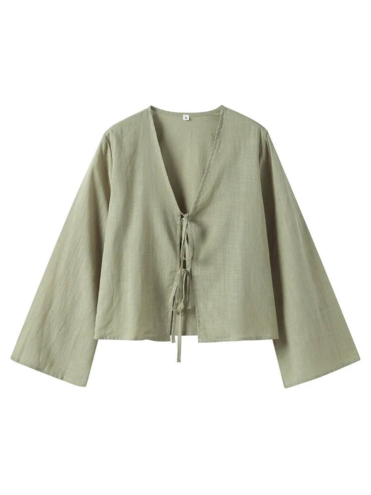 Women Crop Top Linen Cropped Front Tie Closure Design - Evergreen Outfits - Women Top
