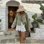 Women Crop Top Linen Cropped Front Tie Closure Design - Evergreen Outfits - Women Top