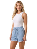 Women Denim Shorts Elastic Waist Drawstring Fringed Hem - Evergreen Outfits - Women Shorts