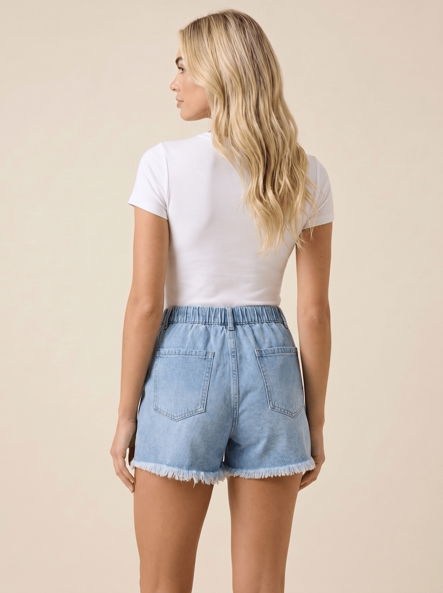 Women Denim Shorts Elastic Waist Drawstring Fringed Hem - Evergreen Outfits - Women Shorts