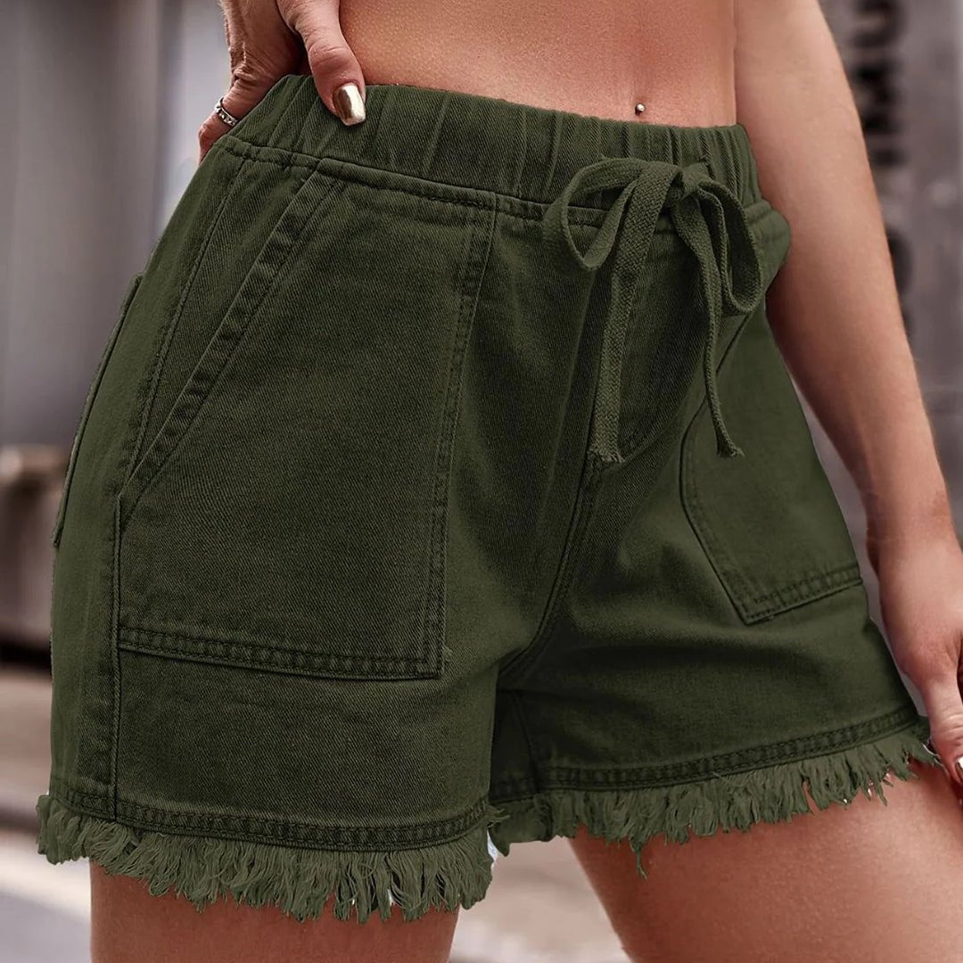 Women Denim Shorts Elastic Waist Drawstring Fringed Hem - Evergreen Outfits - Women Shorts
