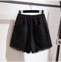 Women Denim Shorts High Waist Straight Leg Raw Hem - Evergreen Outfits - Women Shorts