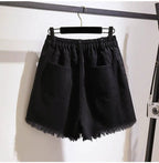 Women Denim Shorts High Waist Straight Leg Raw Hem - Evergreen Outfits - Women Shorts