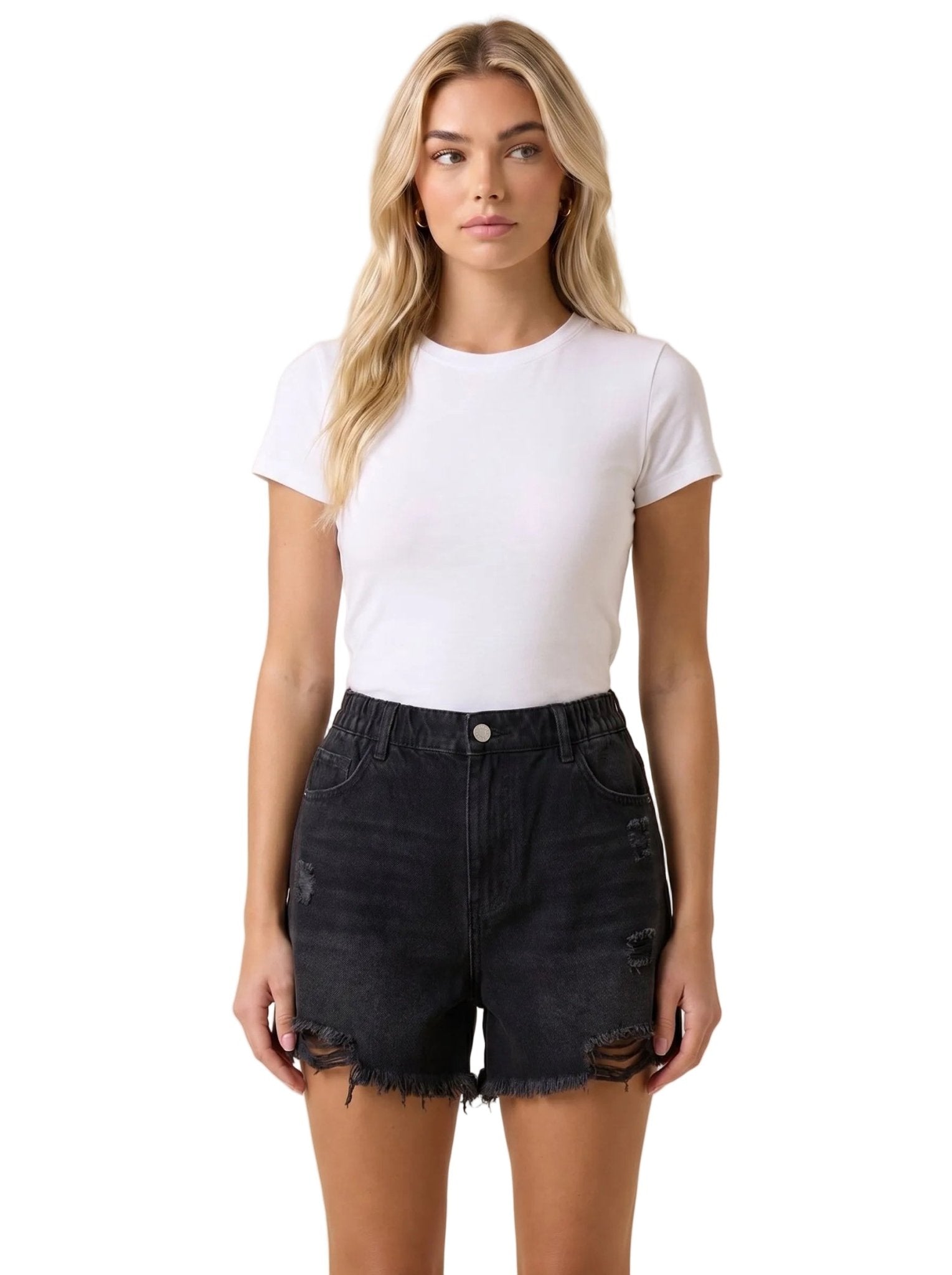 Women Denim Shorts High Waist Straight Leg Raw Hem - Evergreen Outfits - Women Shorts