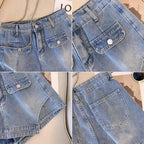 Women Denim Shorts Plus Size Button Fly High Waist - Evergreen Outfits - Women Shorts