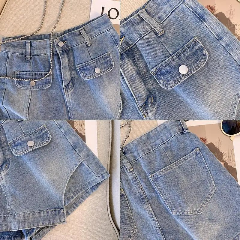 Women Denim Shorts Plus Size Button Fly High Waist - Evergreen Outfits - Women Shorts