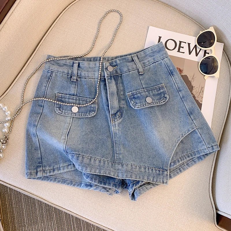Women Denim Shorts Plus Size Button Fly High Waist - Evergreen Outfits - Women Shorts