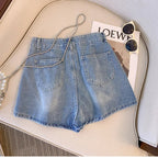 Women Denim Shorts Plus Size Button Fly High Waist - Evergreen Outfits - Women Shorts