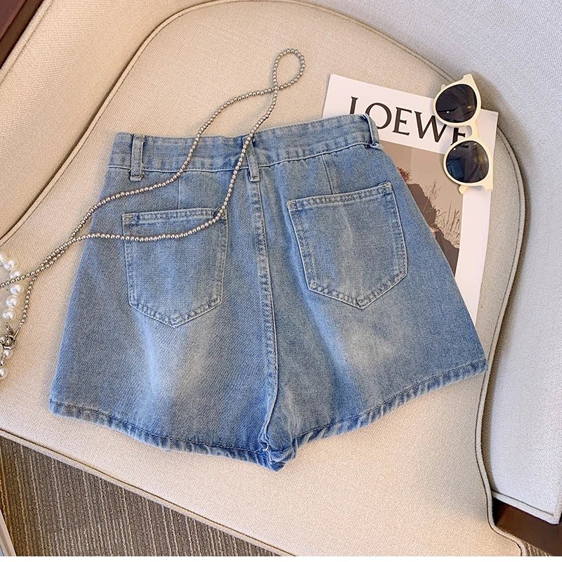 Women Denim Shorts Plus Size Button Fly High Waist - Evergreen Outfits - Women Shorts
