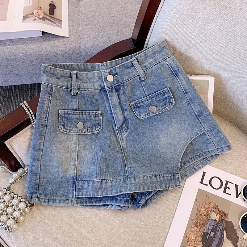 Women Denim Shorts Plus Size Button Fly High Waist - Evergreen Outfits - Women Shorts