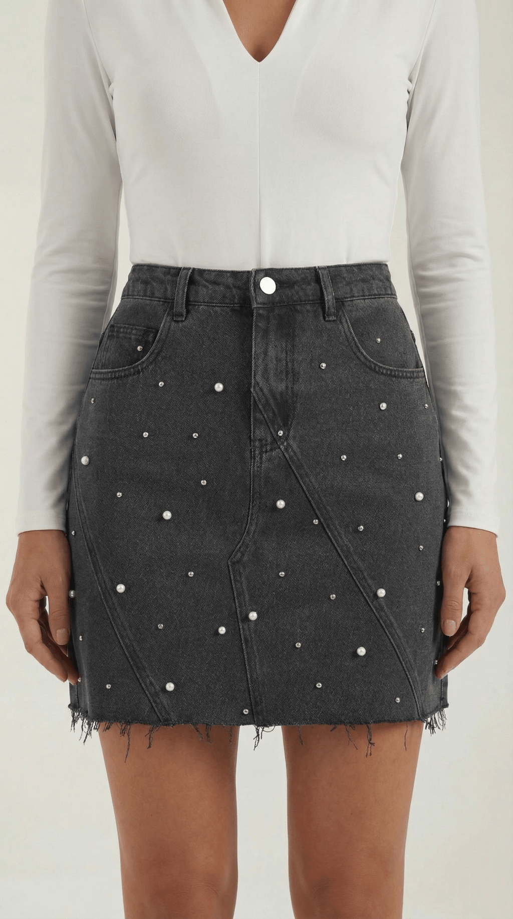 Women Denim Skirt High Rise Mini Raw Hem Pearl Detail - Evergreen Outfits - Women Skirt