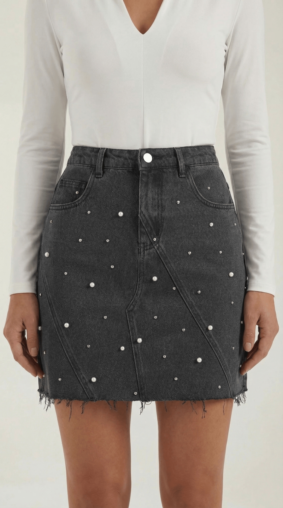 Women Denim Skirt High Rise Mini Raw Hem Pearl Detail - Evergreen Outfits - Women Skirt