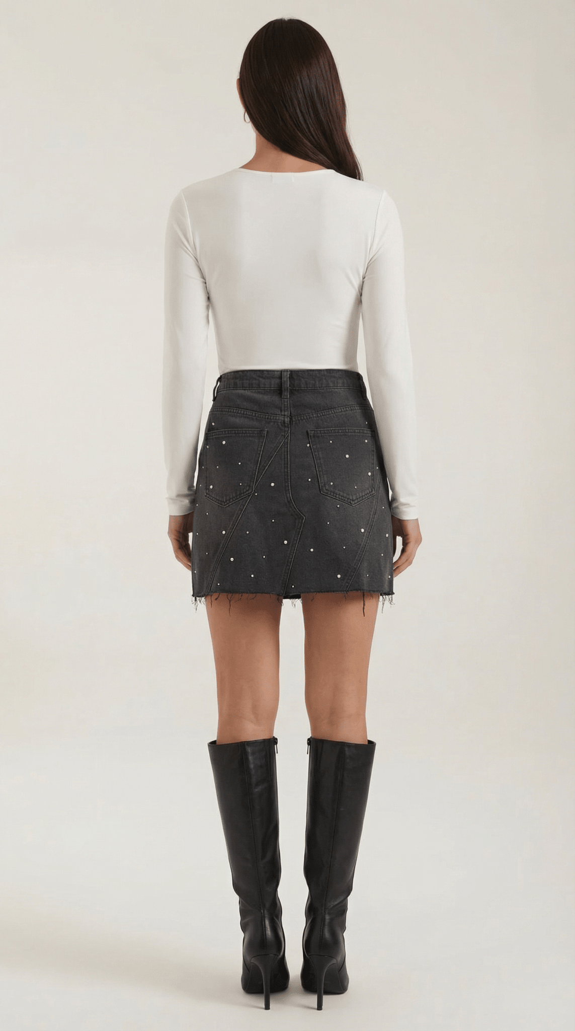 Women Denim Skirt High Rise Mini Raw Hem Pearl Detail - Evergreen Outfits - Women Skirt