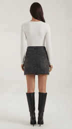 Women Denim Skirt High Rise Mini Raw Hem Pearl Detail - Evergreen Outfits - Women Skirt