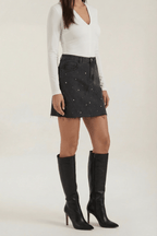 Women Denim Skirt High Rise Mini Raw Hem Pearl Detail - Evergreen Outfits - Women Skirt