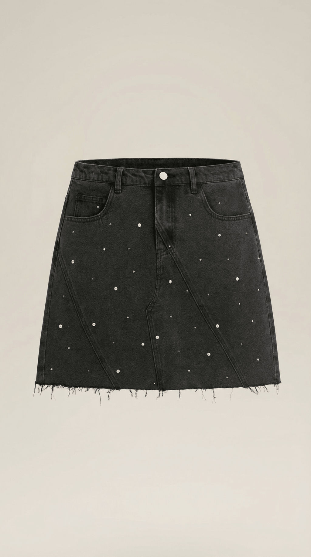 Women Denim Skirt High Rise Mini Raw Hem Pearl Detail - Evergreen Outfits - Women Skirt