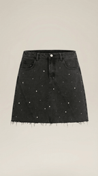 Women Denim Skirt High Rise Mini Raw Hem Pearl Detail - Evergreen Outfits - Women Skirt