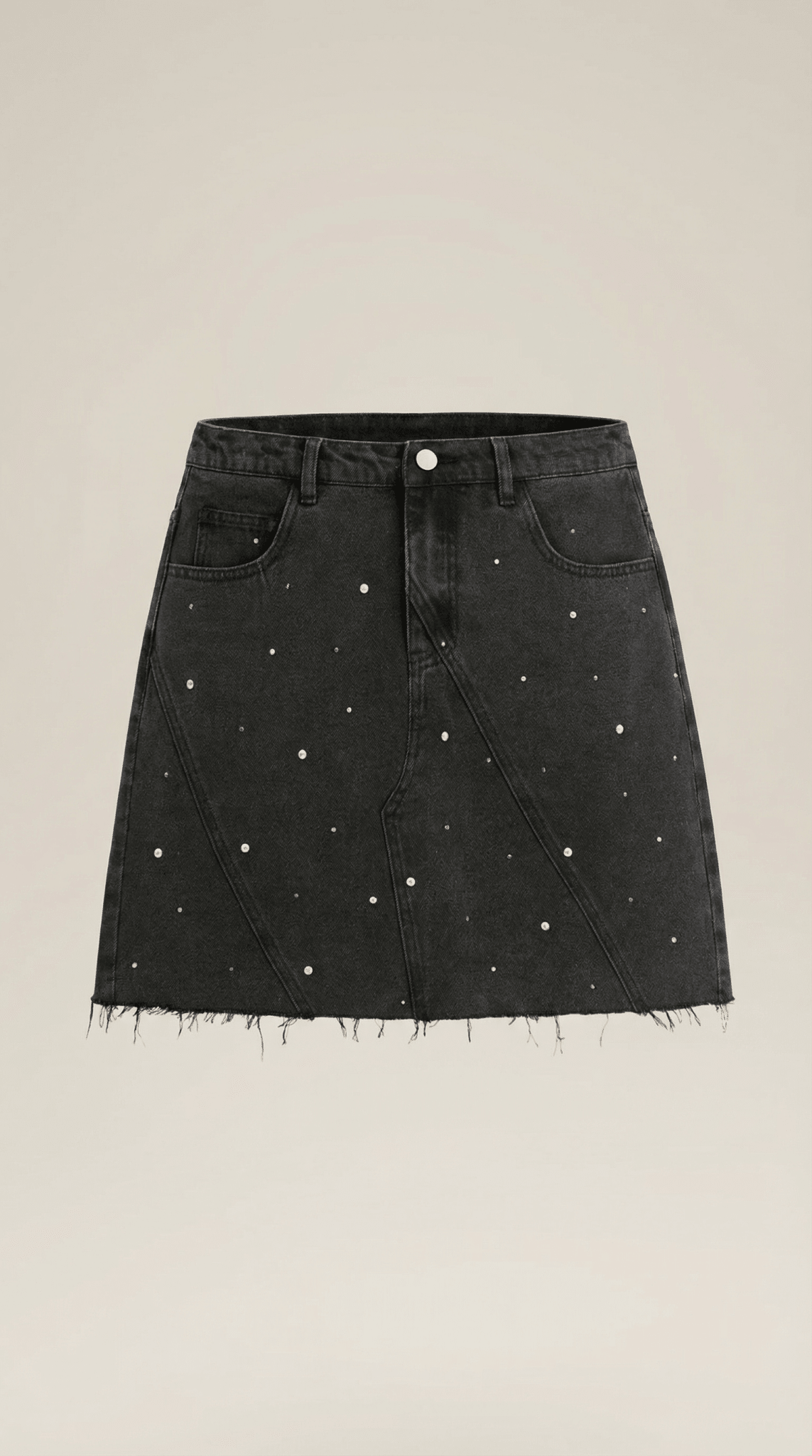 Women Denim Skirt High Rise Mini Raw Hem Pearl Detail - Evergreen Outfits - Women Skirt