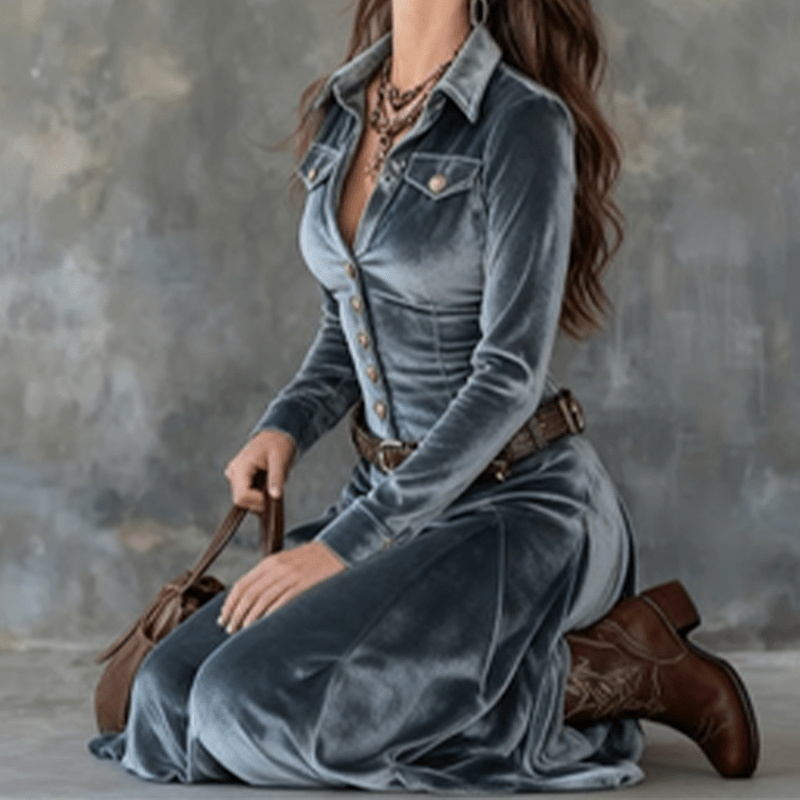 Women Dress | A-Line Velvet Maxi with Shirt Collar Front - Evergreen Outfits- Dresses