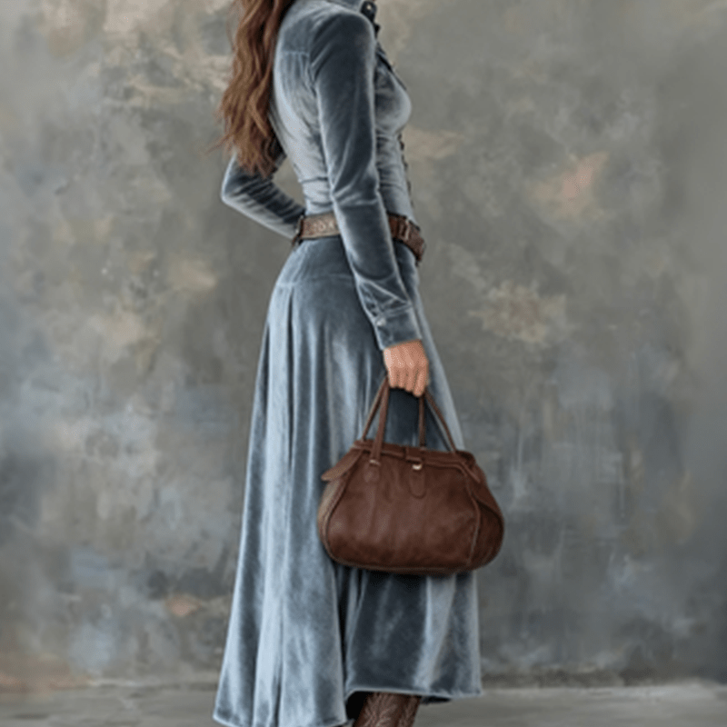 Women Dress | A-Line Velvet Maxi with Shirt Collar Front - Evergreen Outfits- Dresses