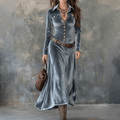 Women Dress | A-Line Velvet Maxi with Shirt Collar Front - Evergreen Outfits- Dresses