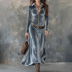 Women Dress | A-Line Velvet Maxi with Shirt Collar Front - Evergreen Outfits- Dresses