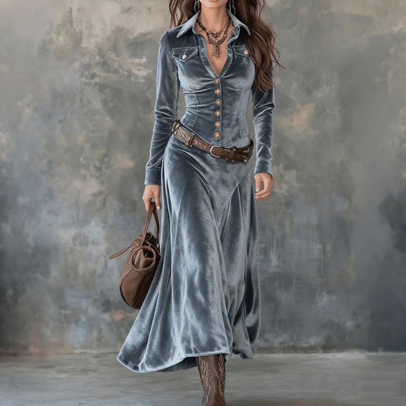Women Dress | A-Line Velvet Maxi with Shirt Collar Front - Evergreen Outfits- Dresses