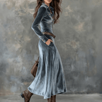 Women Dress | A-Line Velvet Maxi with Shirt Collar Front - Evergreen Outfits- Dresses
